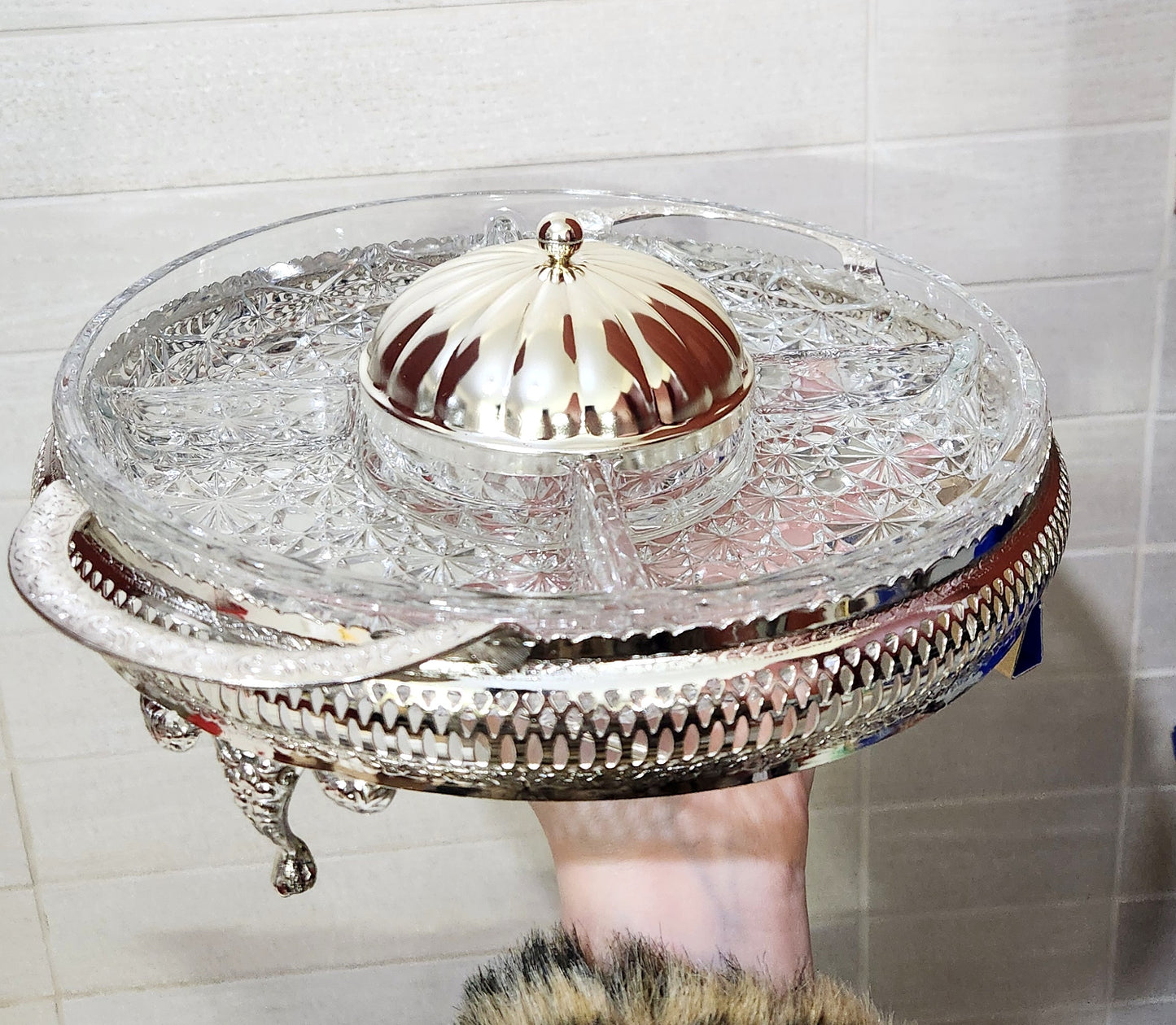 Queen Anne Silver Plated & Cut Glass Party Server with Center Lidded Bowl
