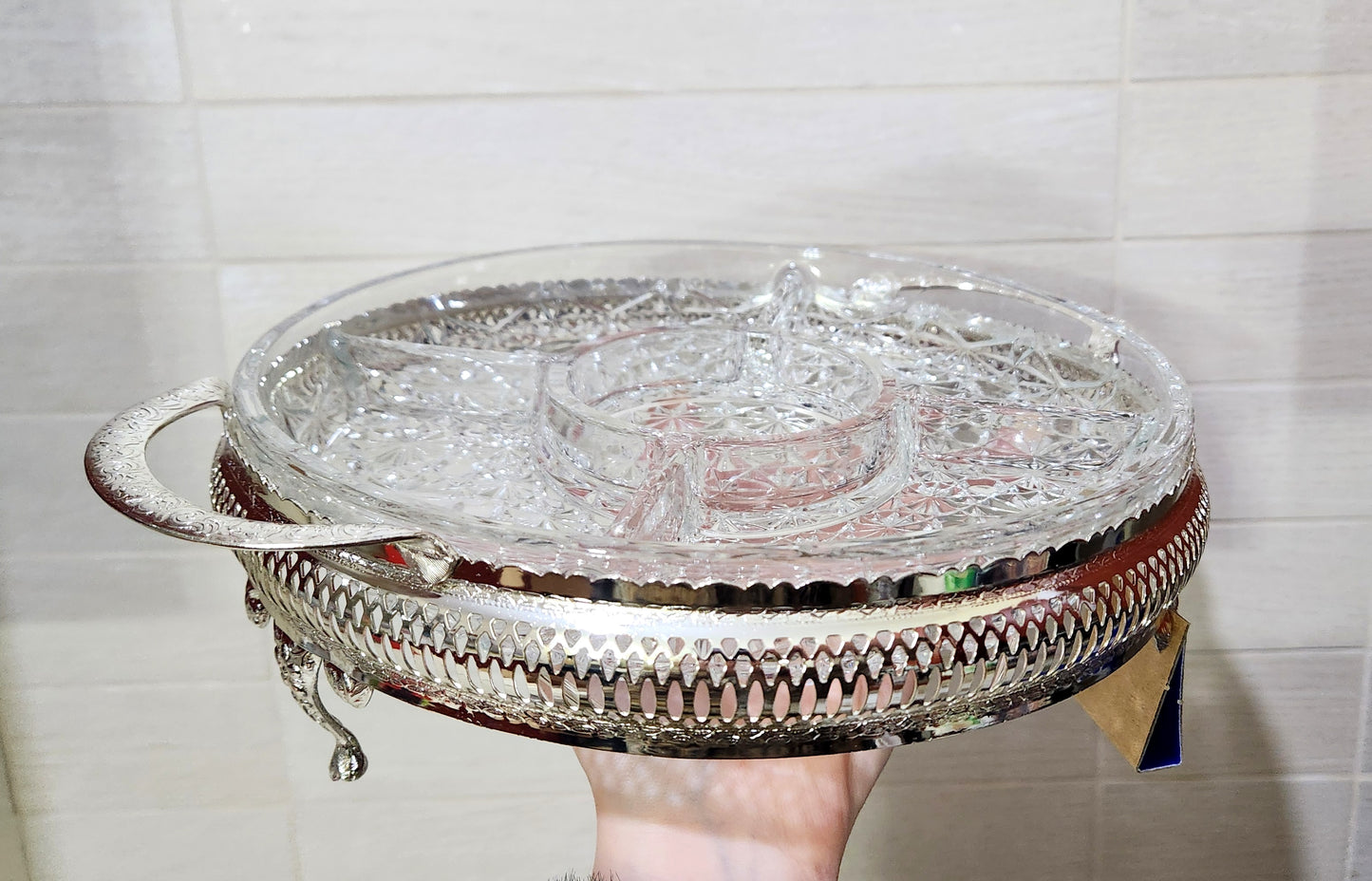 Queen Anne Silver Plated & Cut Glass Party Server with Center Lidded Bowl