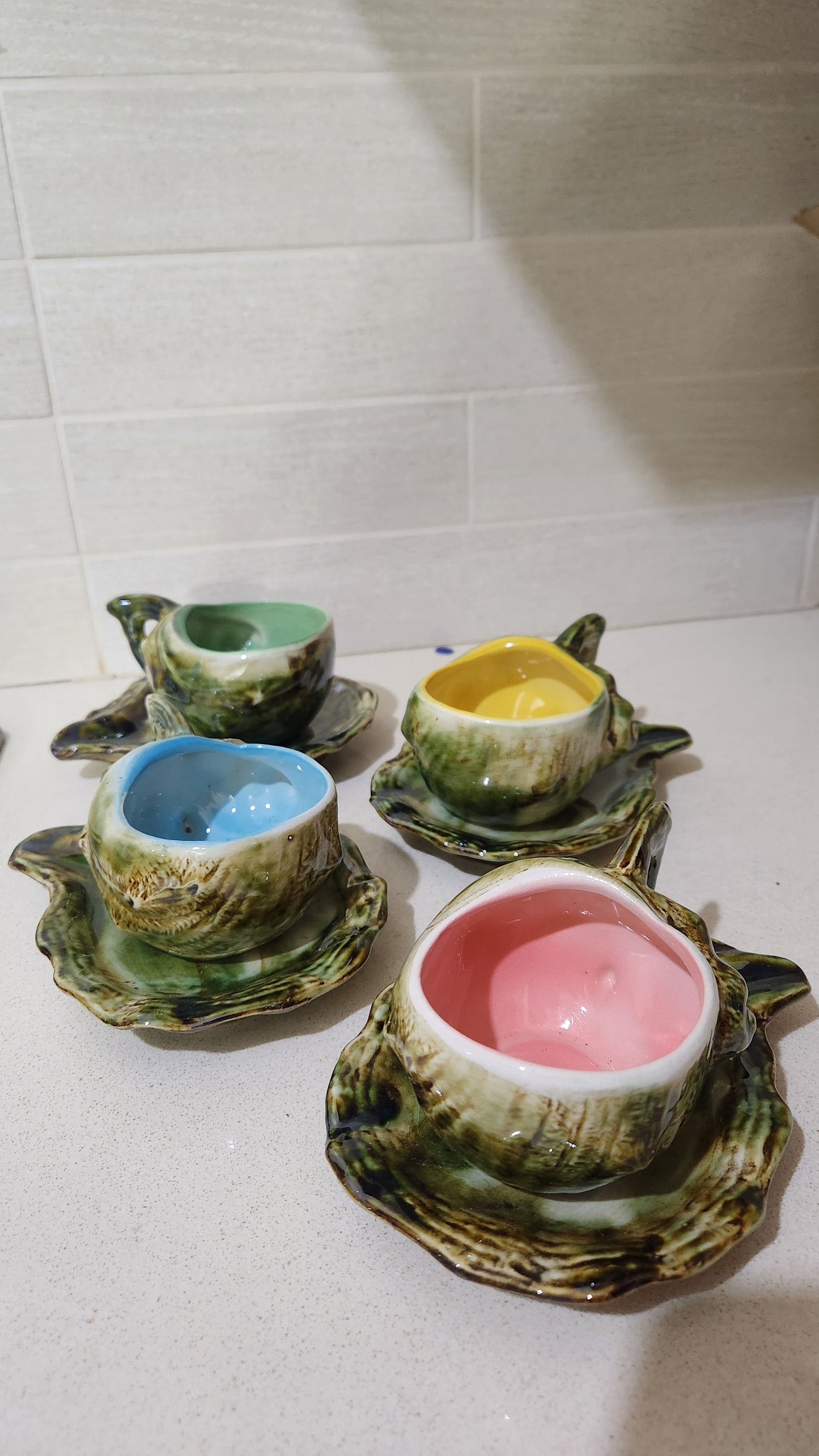 Vintage 1950s Shell Shaped Ceramic Espresso Set - 4 Cups & Saucers