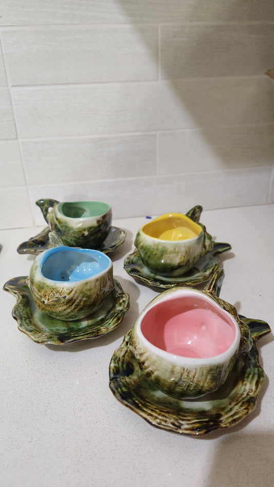 Vintage 1950s Shell Shaped Ceramic Espresso Set - 4 Cups & Saucers