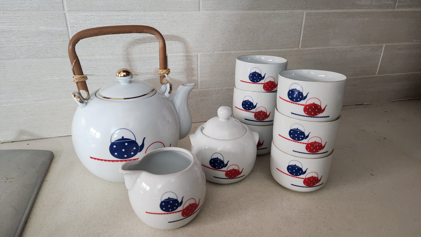 Vintage 1980s Porcelain Tea Set with Bamboo Handle - Red & Blue Teapot Motif