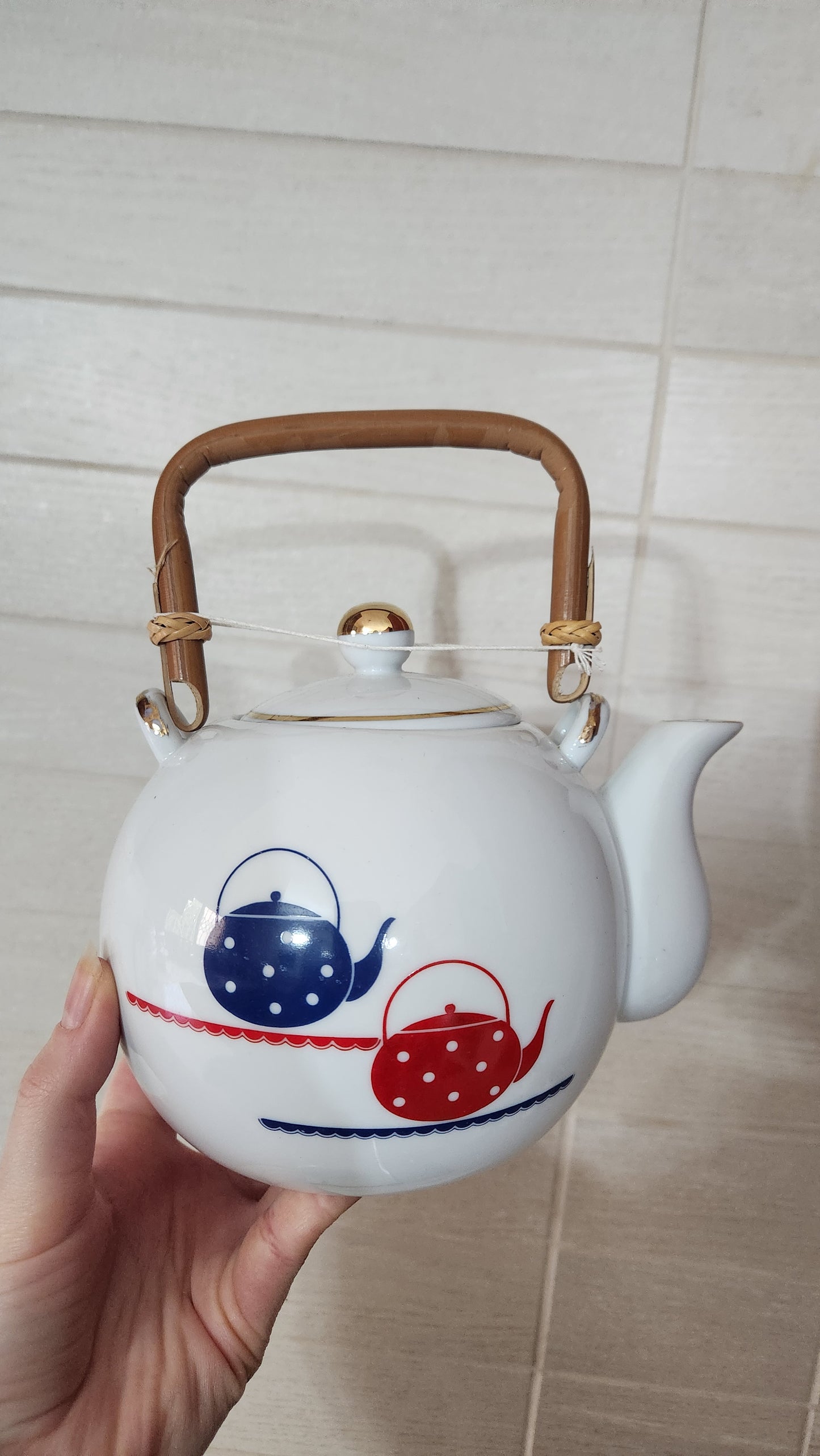 Vintage 1980s Porcelain Tea Set with Bamboo Handle - Red & Blue Teapot Motif