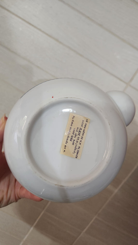 Vintage 1980s Porcelain Tea Set with Bamboo Handle - Red & Blue Teapot Motif