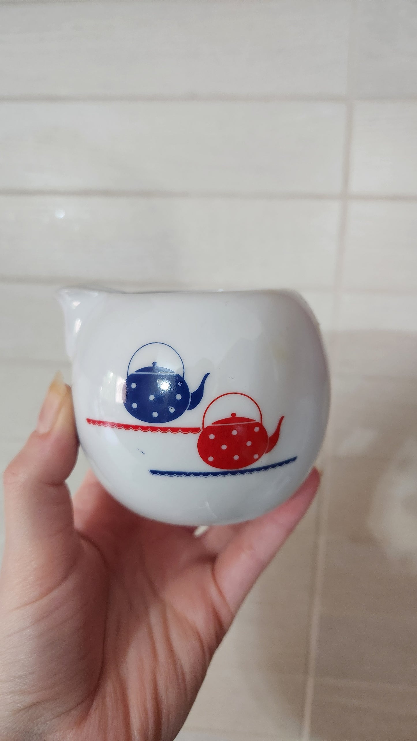 Vintage 1980s Porcelain Tea Set with Bamboo Handle - Red & Blue Teapot Motif