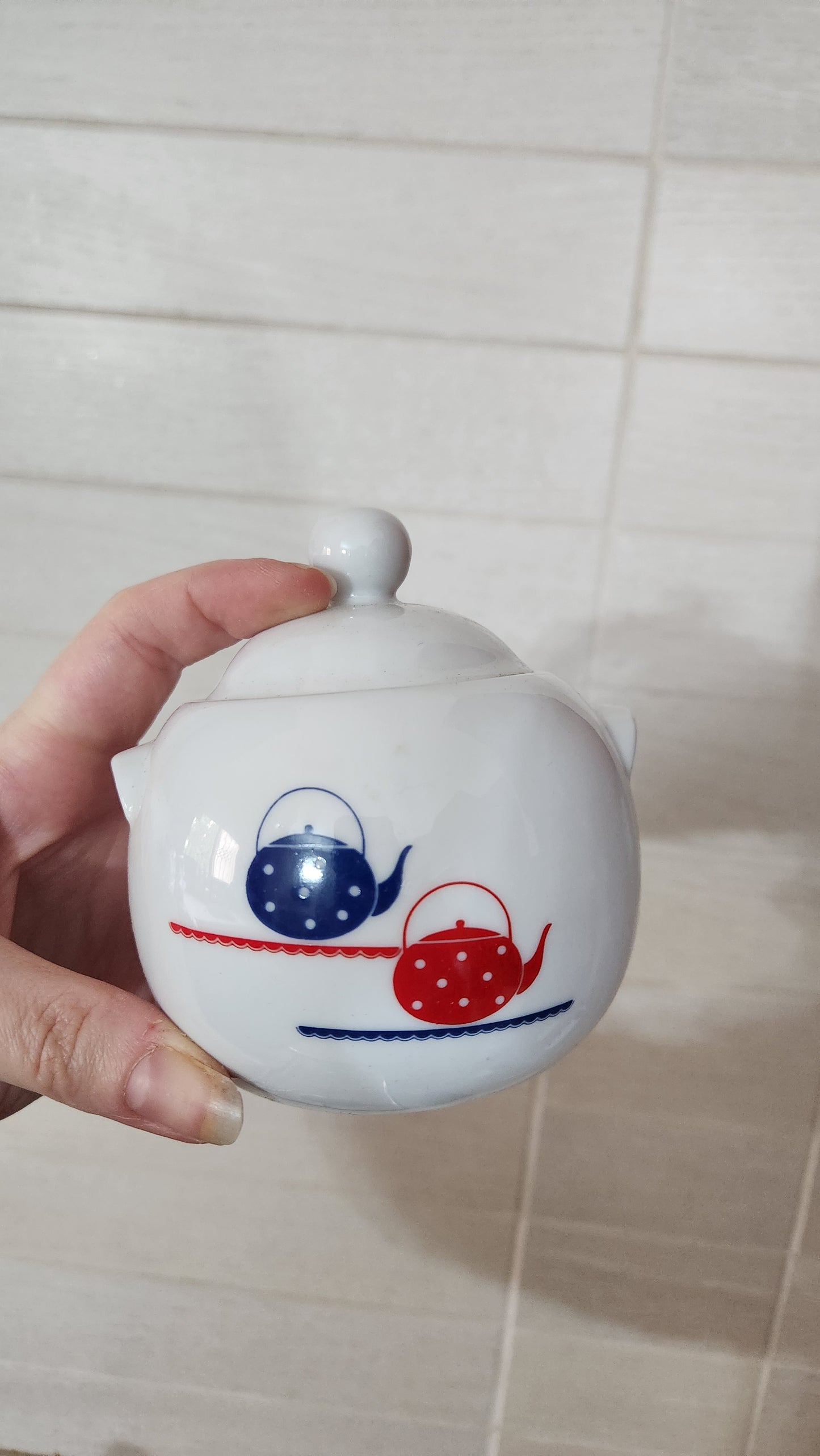 Vintage 1980s Porcelain Tea Set with Bamboo Handle - Red & Blue Teapot Motif