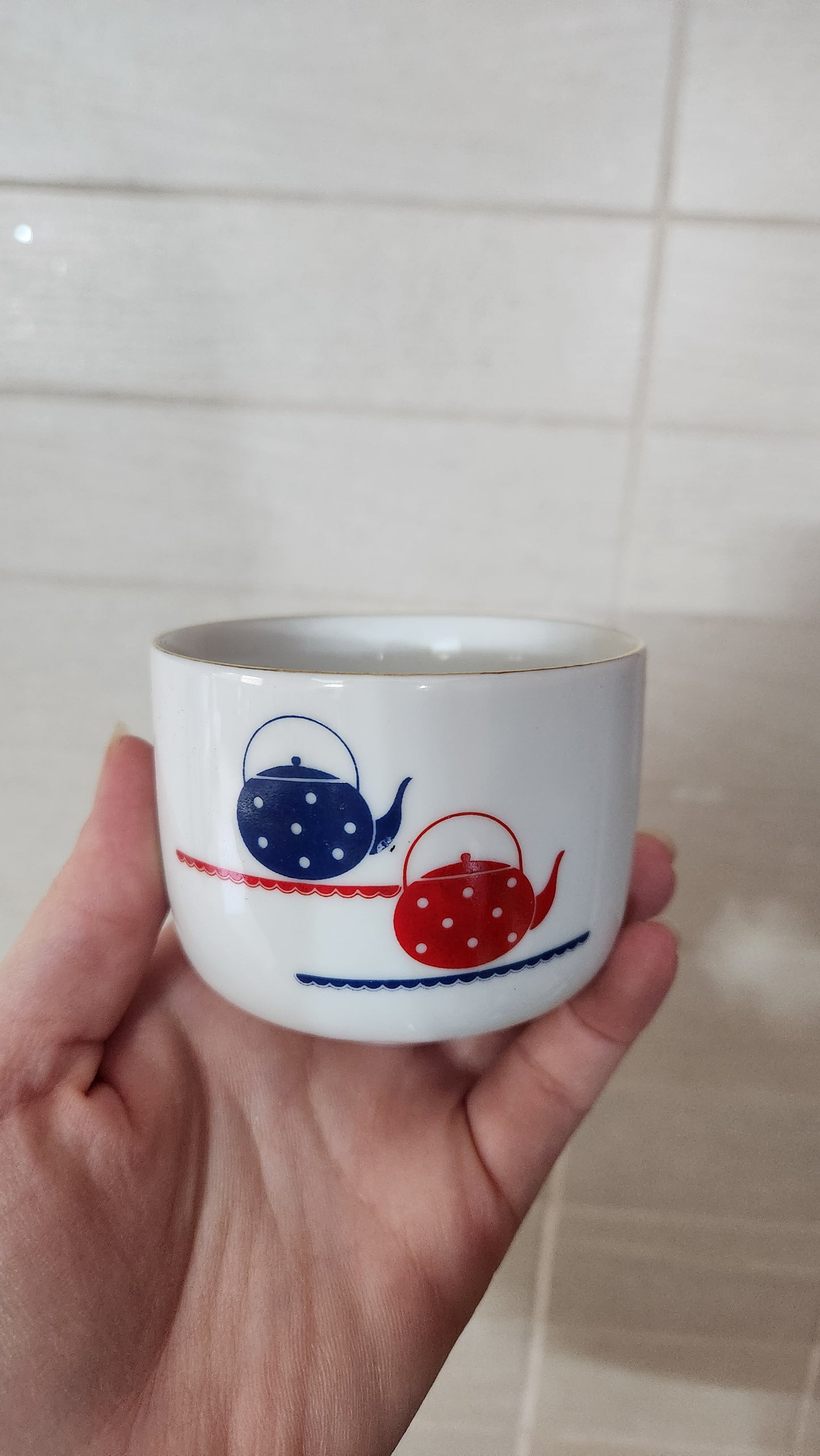 Vintage 1980s Porcelain Tea Set with Bamboo Handle - Red & Blue Teapot Motif