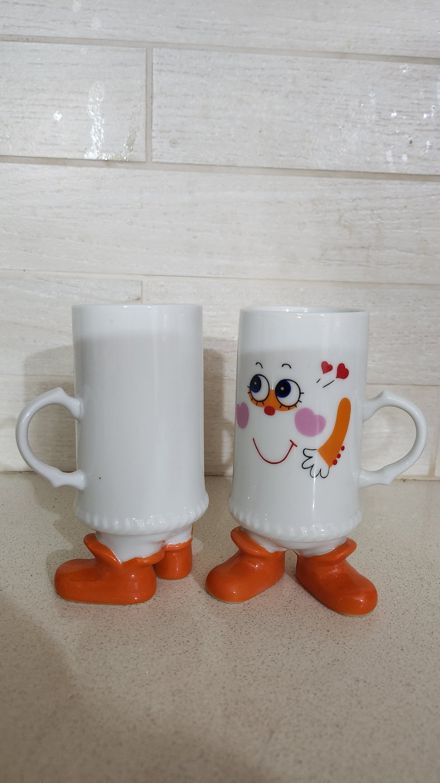 80s Vintage Smiling Face Mugs with Orange Boots - Made in Japan