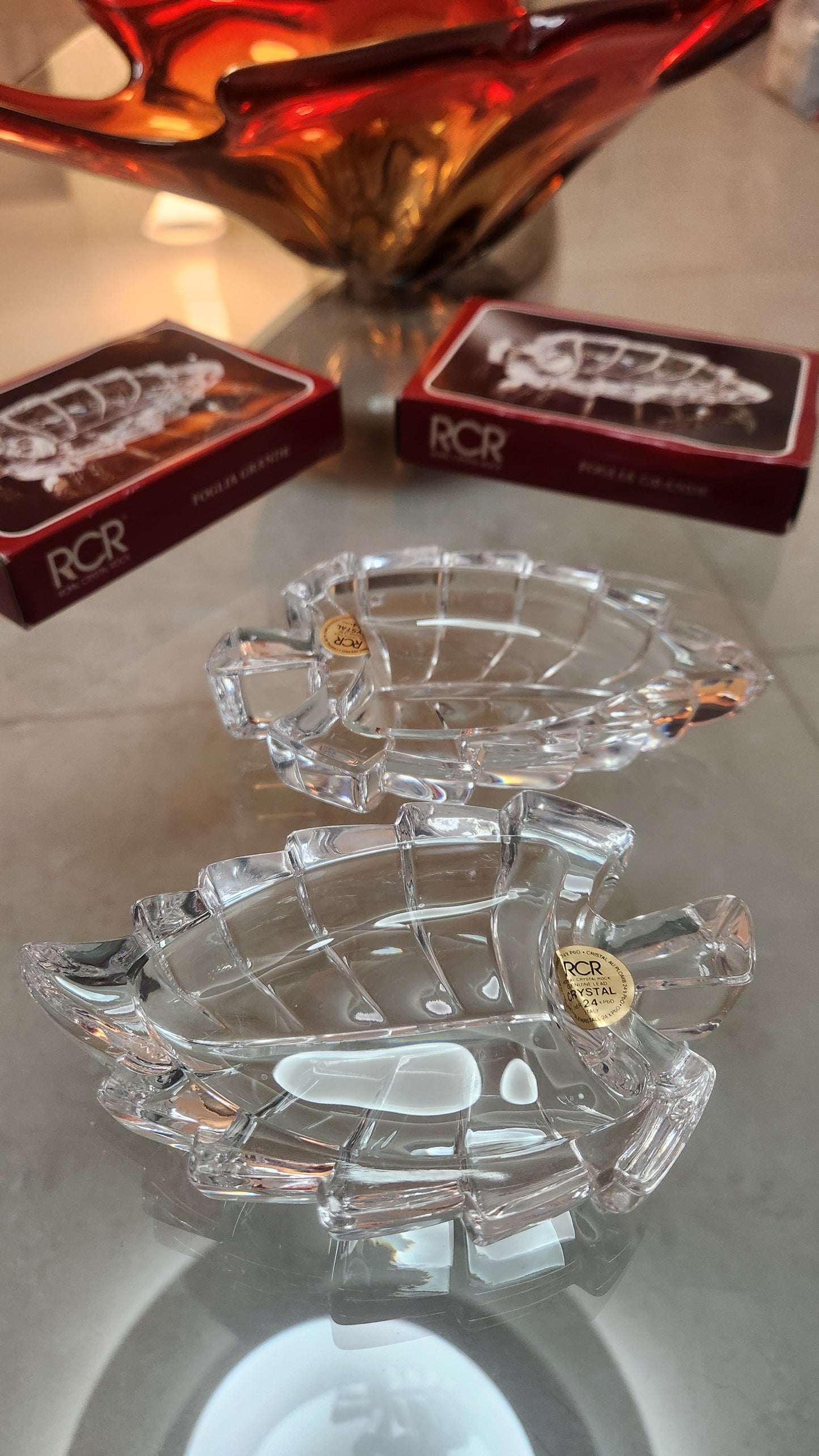 Set of 2 RCR Royal Crystal Rock "Foglia Grande" Leaf Bowls - 24% Lead Crystal