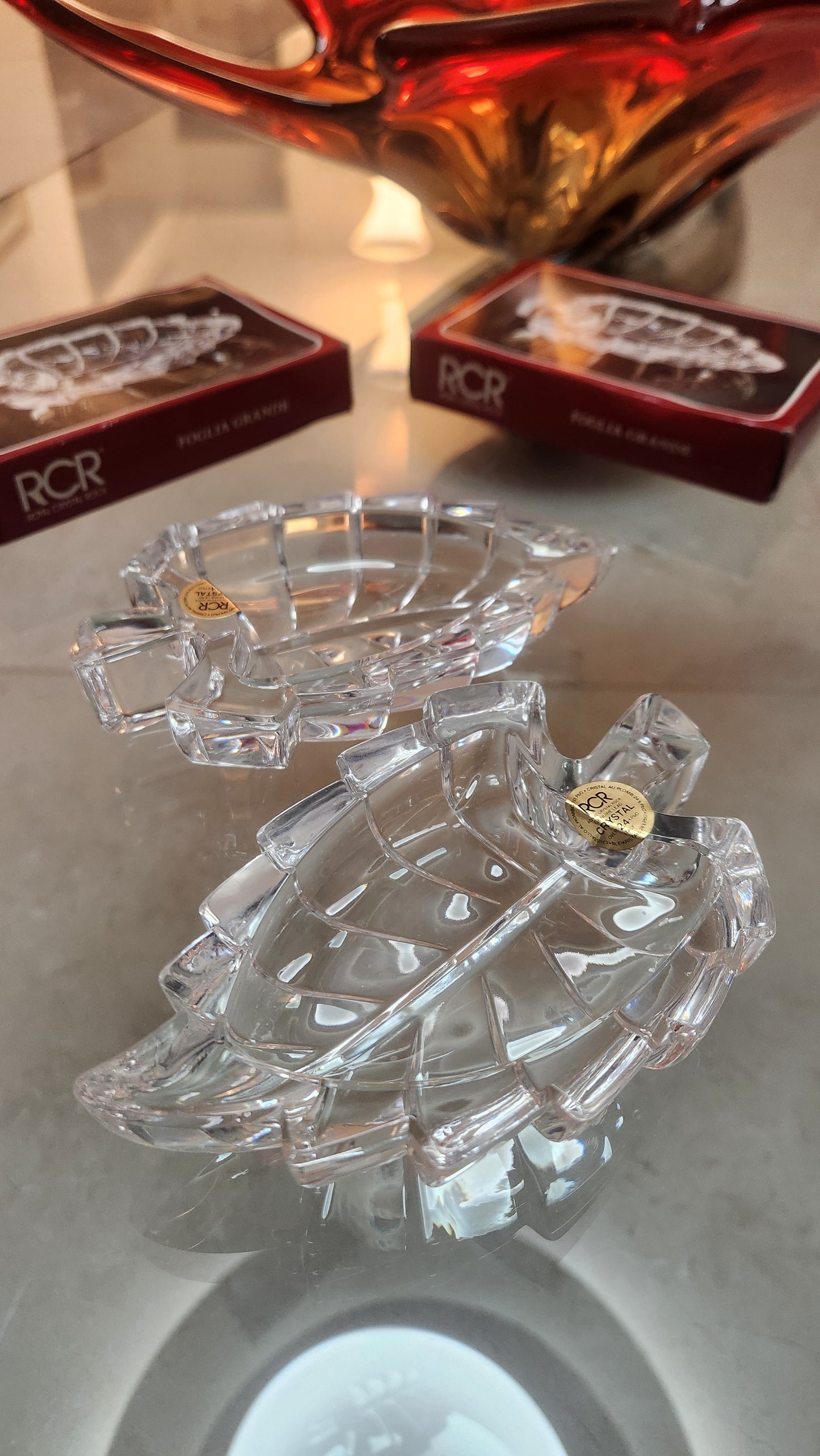 Set of 2 RCR Royal Crystal Rock "Foglia Grande" Leaf Bowls - 24% Lead Crystal