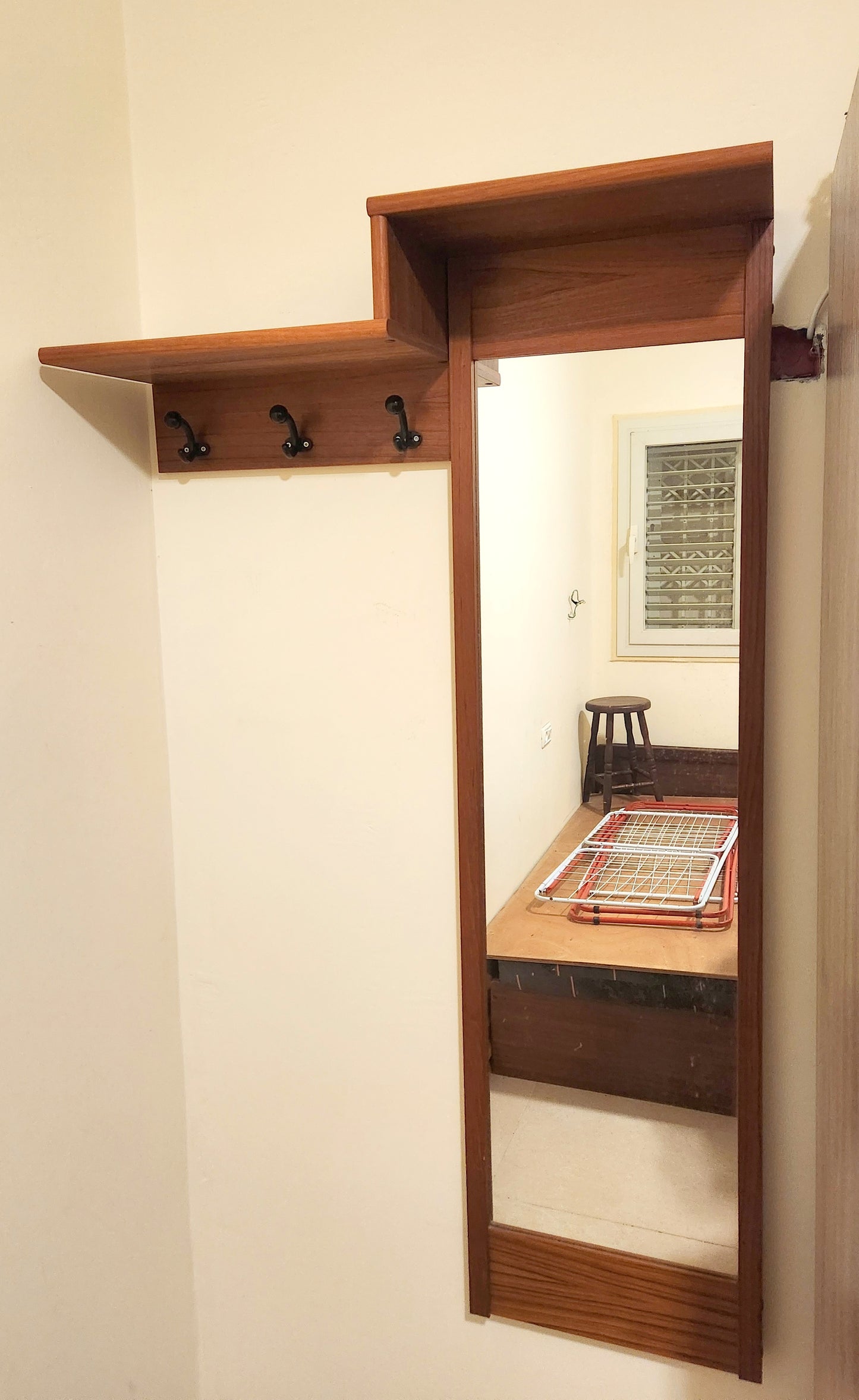 Teak Entryway Unit with a Mirror and Coat Hooks - Scandinavian Style