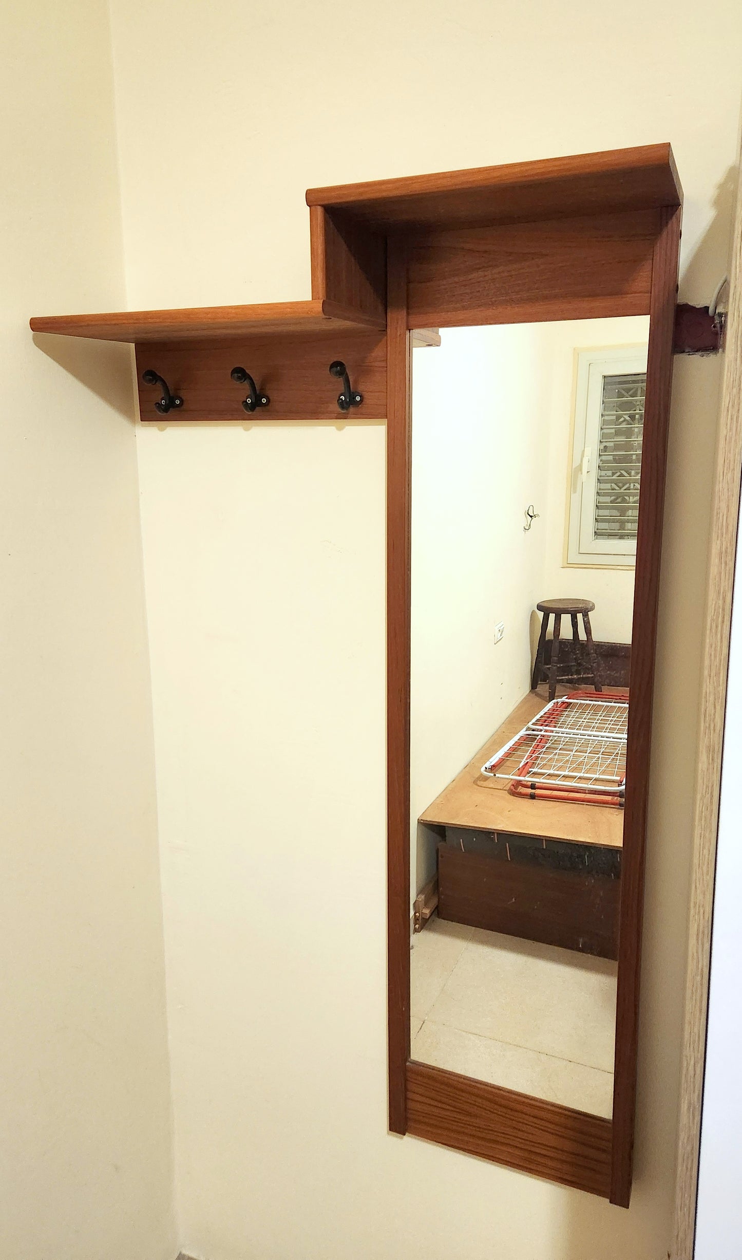 Teak Entryway Unit with a Mirror and Coat Hooks - Scandinavian Style