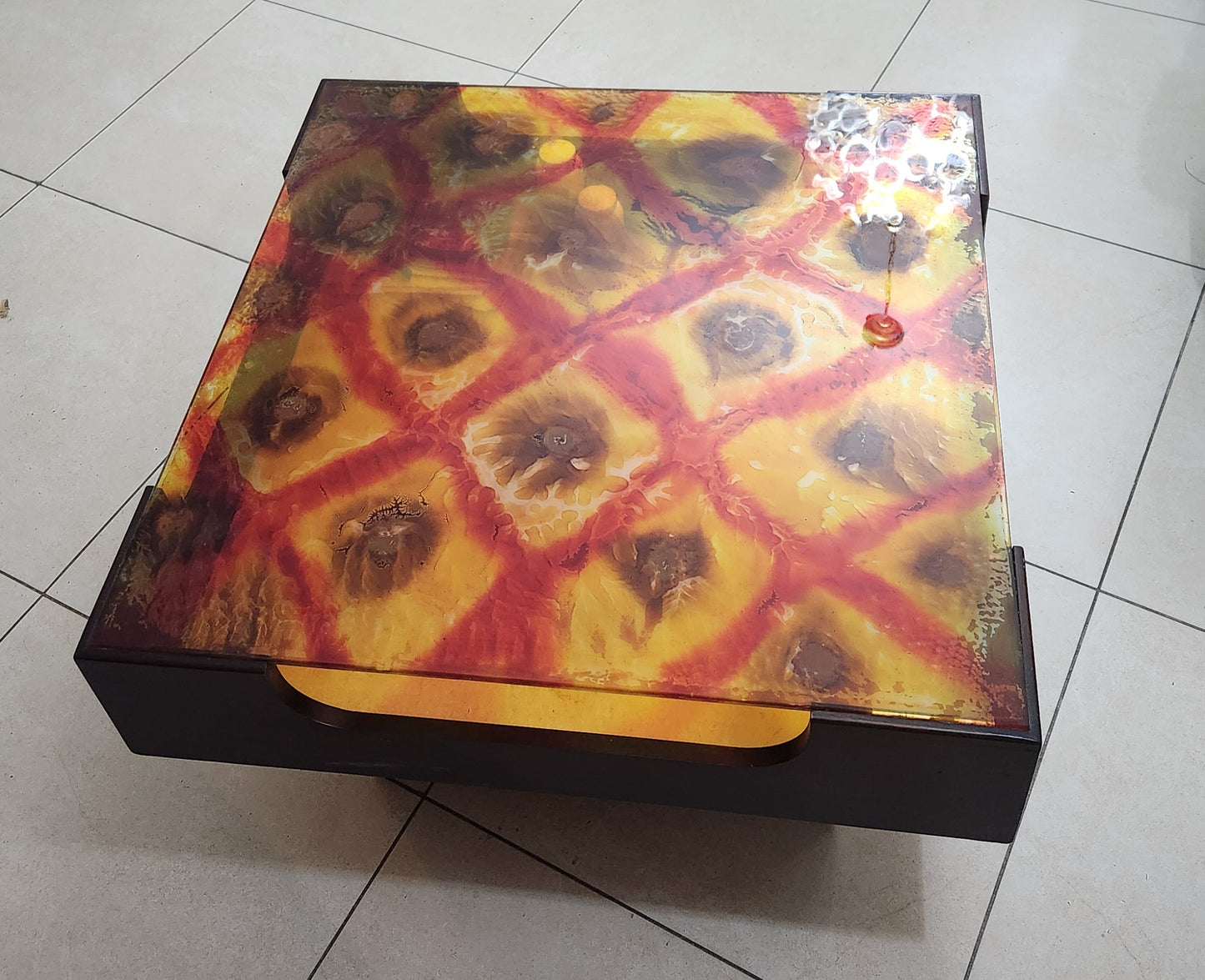 Mid-Century Coffee Table with Abstract Handcrafted Resin Art Top