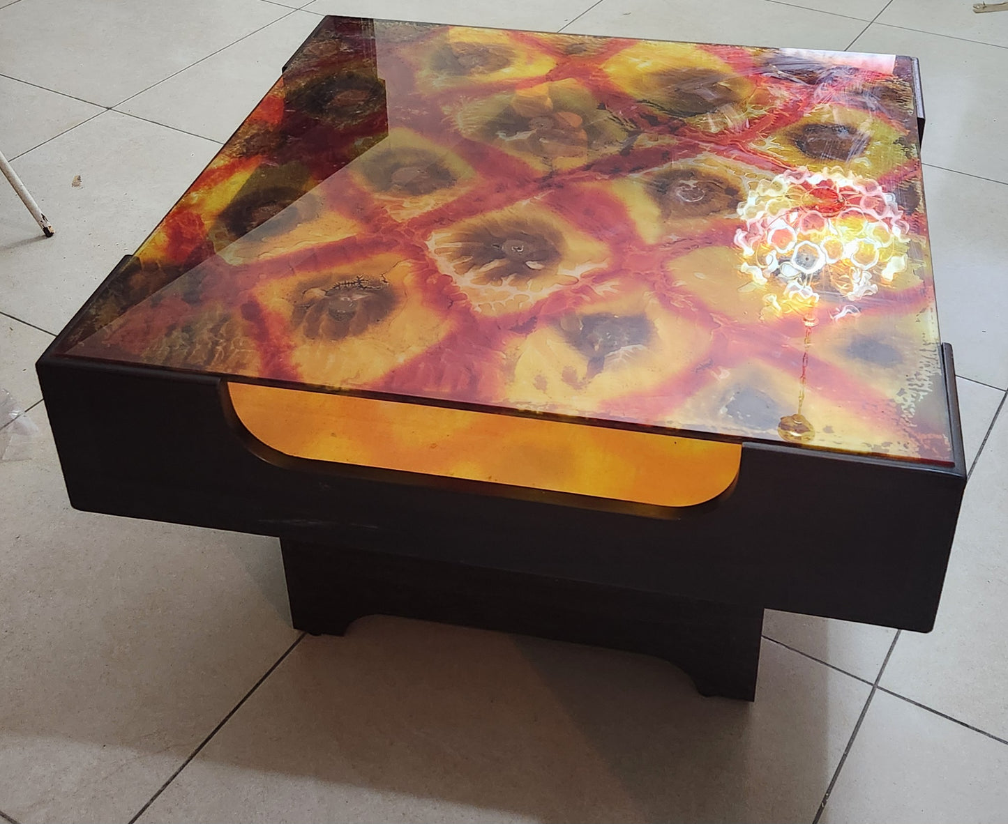 Mid-Century Coffee Table with Abstract Handcrafted Resin Art Top