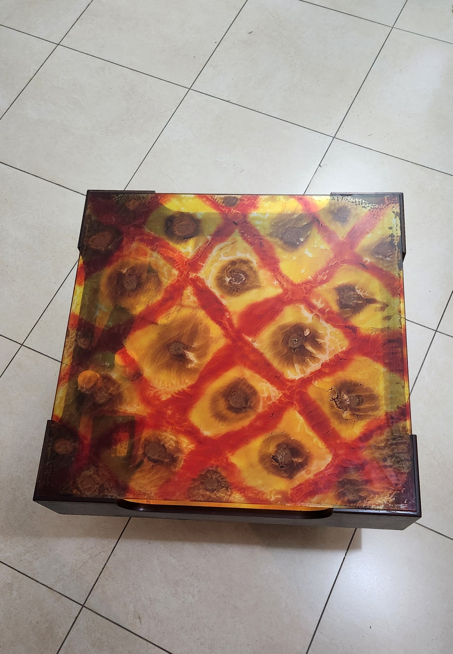 Mid-Century Coffee Table with Abstract Handcrafted Resin Art Top