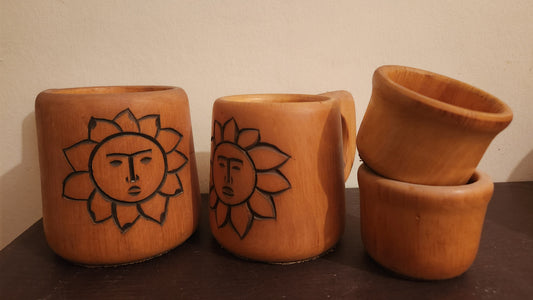 Hand-Carved Wooden Mugs Set - 4 Piece Sun Motif Collection