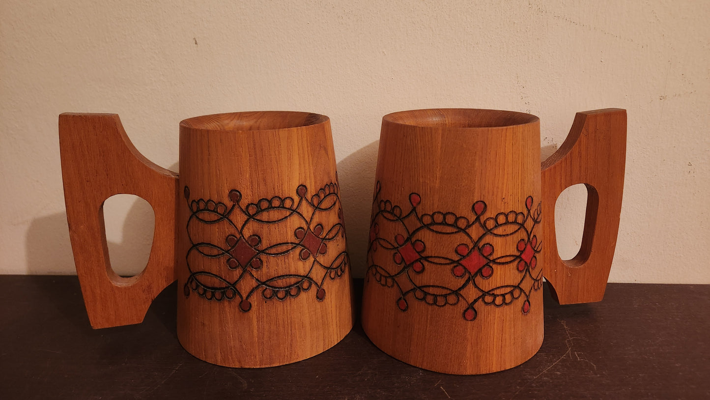 Pair of 2 vintage wooden beer steins
