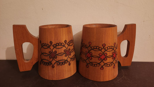 Pair of 2 vintage wooden beer steins