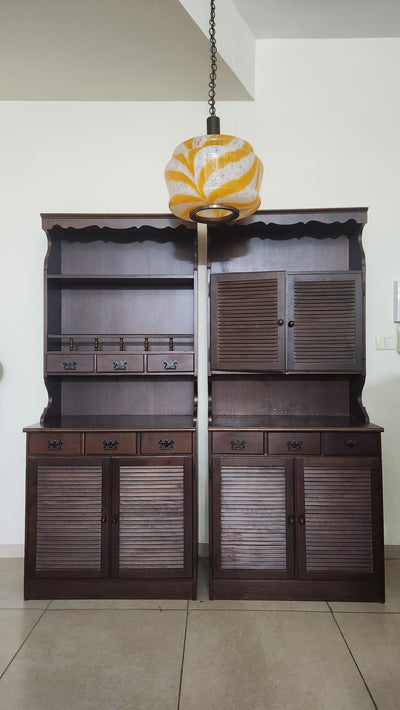 Vintage Rustic Wood Buffet & Hutch Set - 2 Piece Cabinet with Louvered Doors