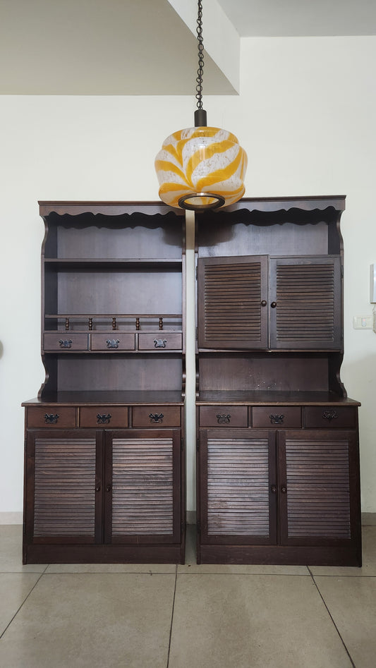 Vintage Rustic Wood Buffet & Hutch Set - 2 Piece Cabinet with Louvered Doors