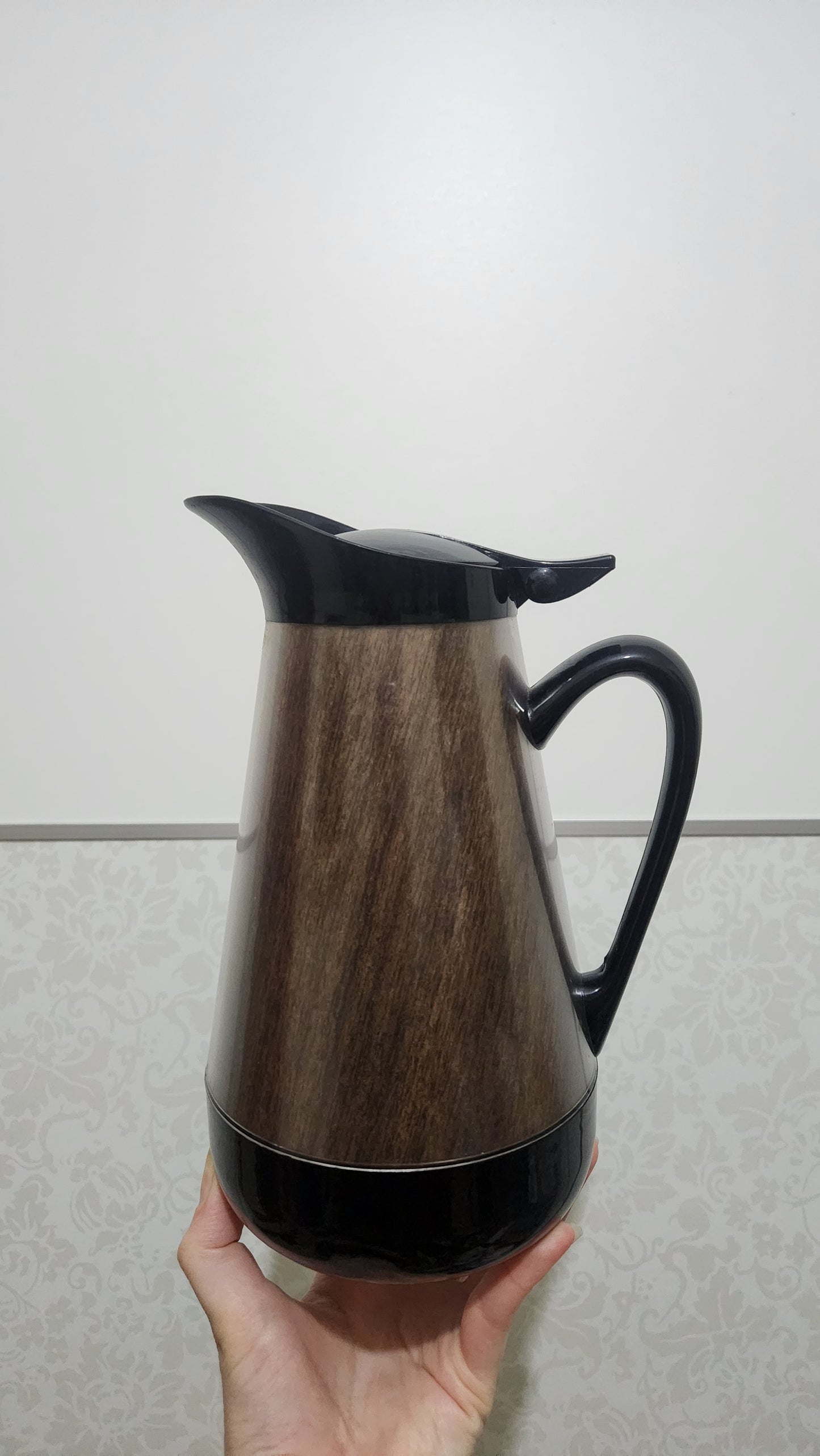 Retro 1970s Polytemp Pitcher - Faux Wood & Black - Made in Hong Kong