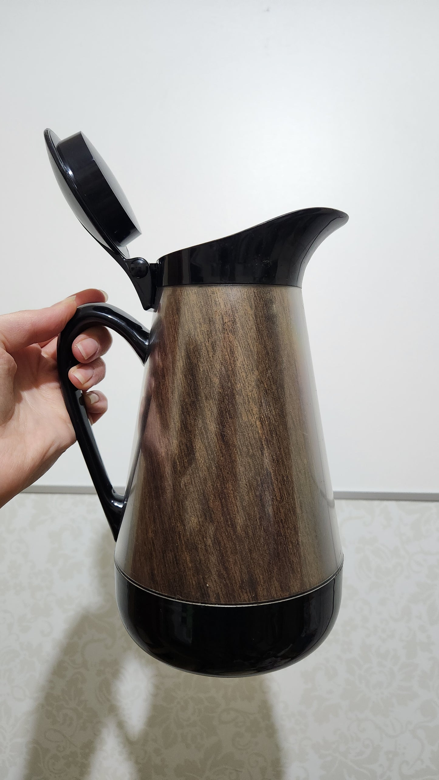 Retro 1970s Polytemp Pitcher - Faux Wood & Black - Made in Hong Kong