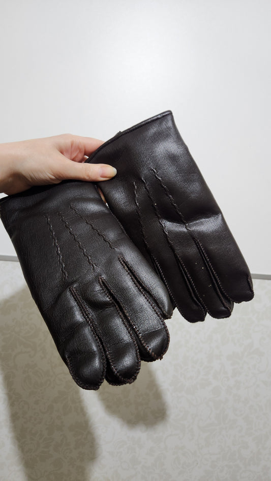 Vintage Hand-Stitched Dark Brown Faux Leather Gloves - Size M