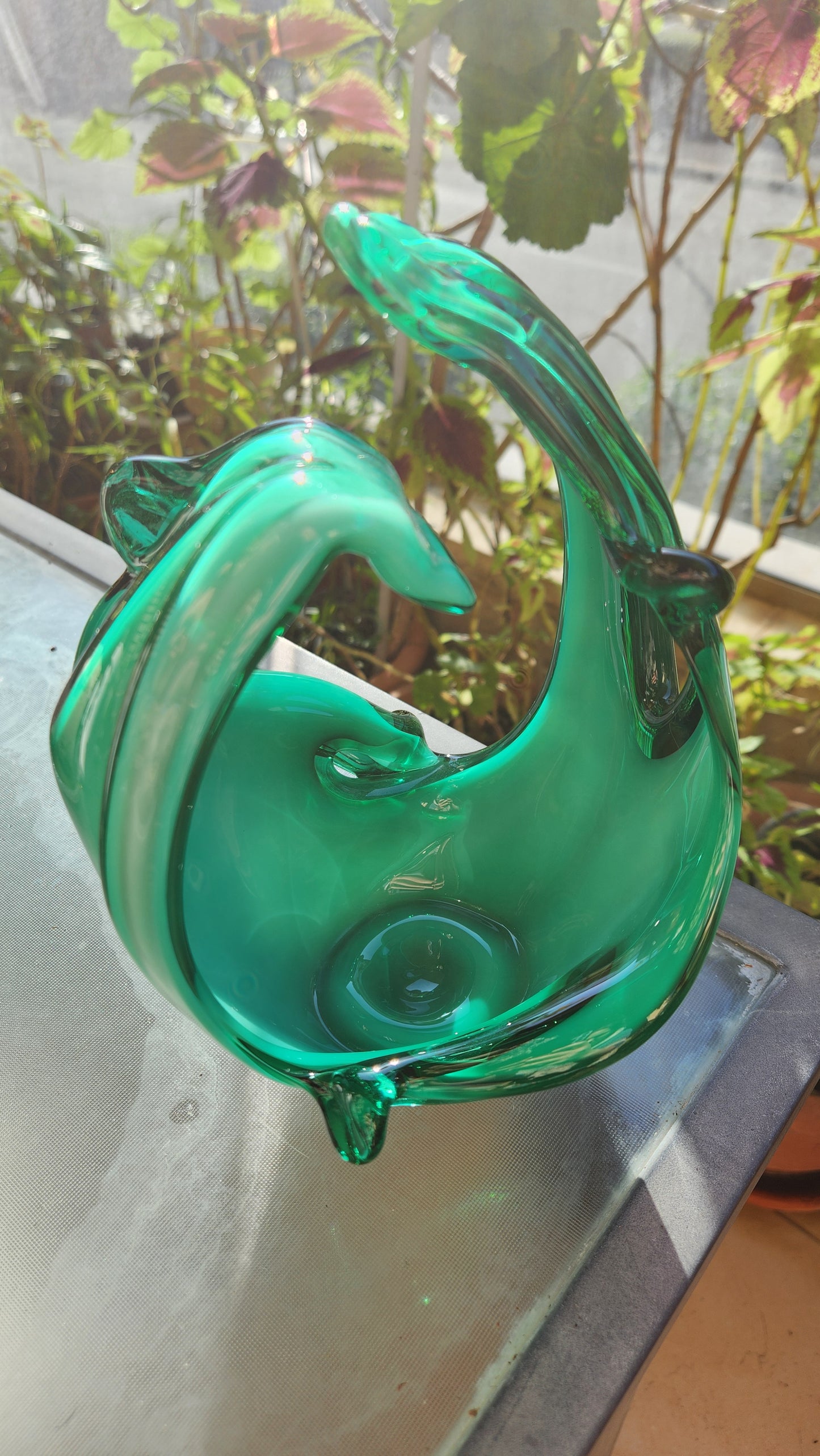 Murano Emerald Green Art Glass Bowl - Organic Sculptural Form