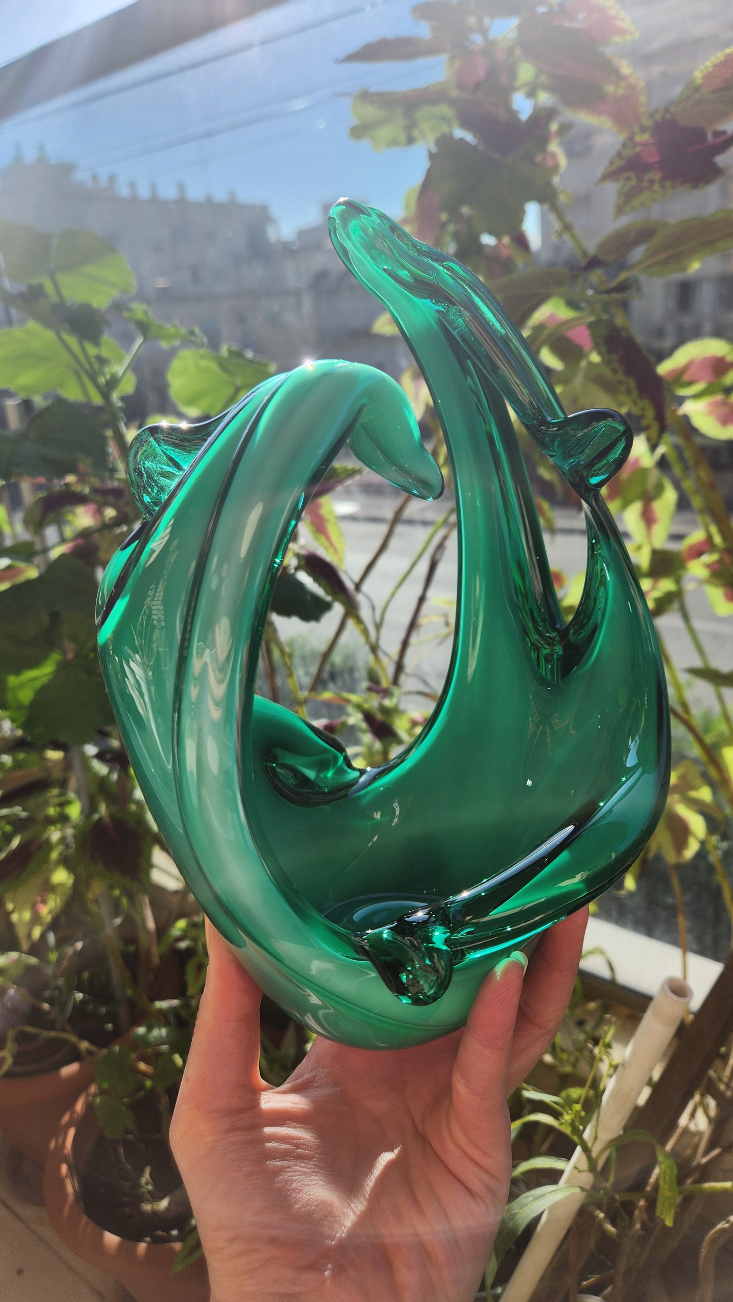 Murano Emerald Green Art Glass Bowl - Organic Sculptural Form