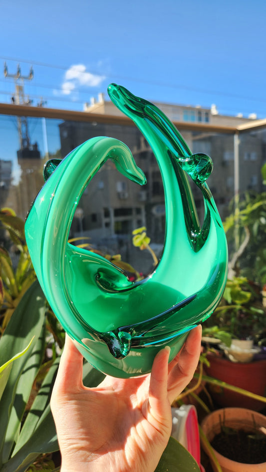 Murano Emerald Green Art Glass Bowl - Organic Sculptural Form