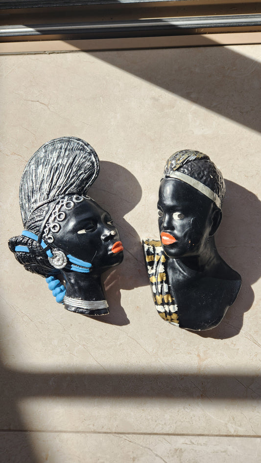 Pair of Vintage Mid-Century Lady Wall Masks - Retro Wall Decor