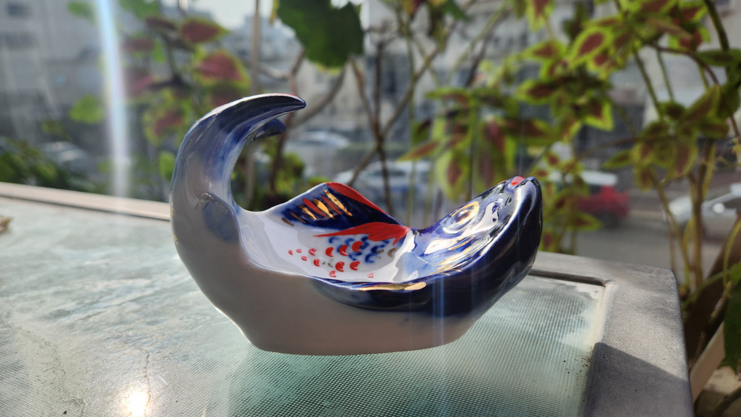 Vintage Lomonosov LFZ Porcelain Fish Bowl - Cobalt Blue & 22K Gold Hand Painted