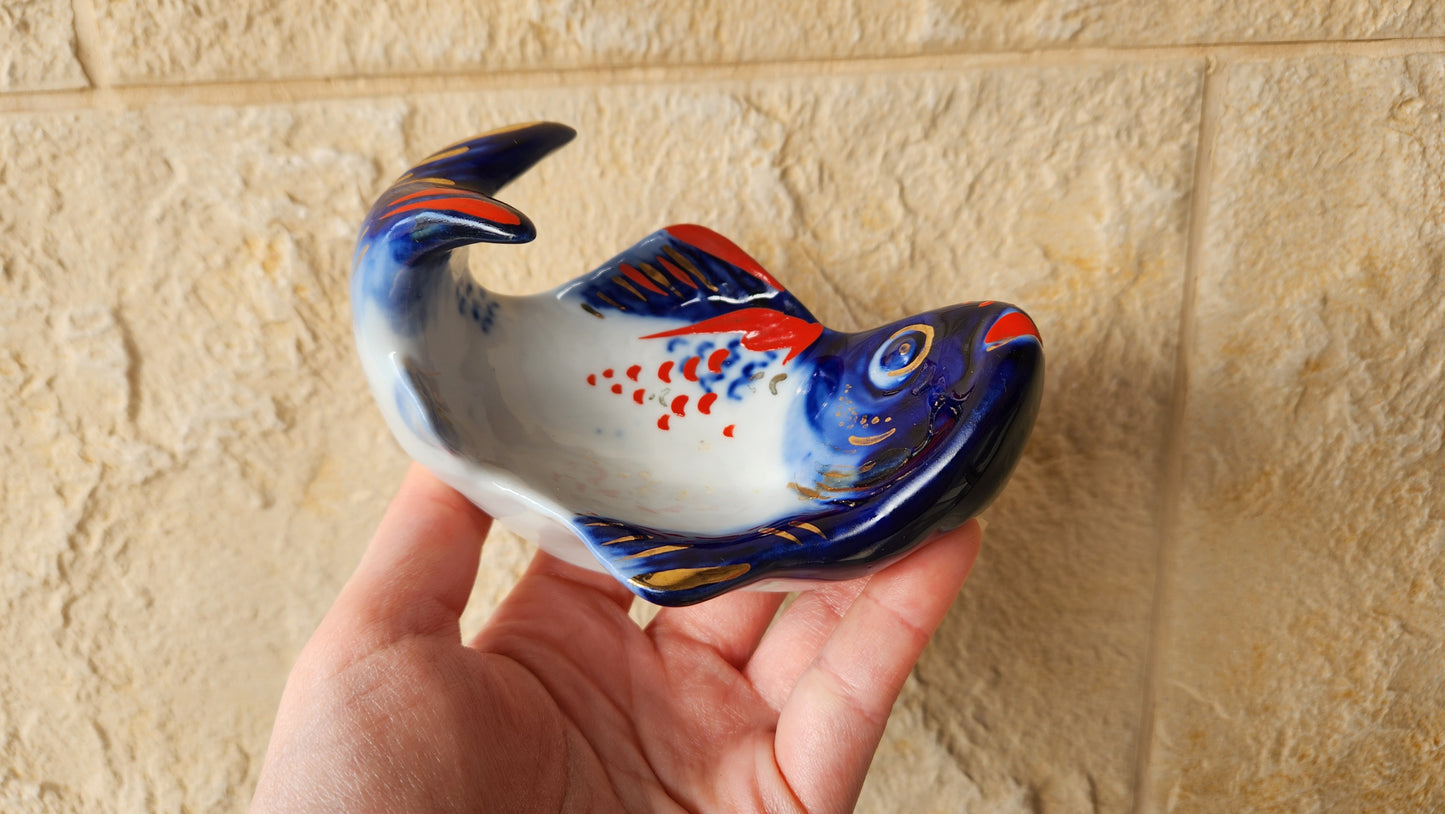 Vintage Lomonosov LFZ Porcelain Fish Bowl - Cobalt Blue & 22K Gold Hand Painted