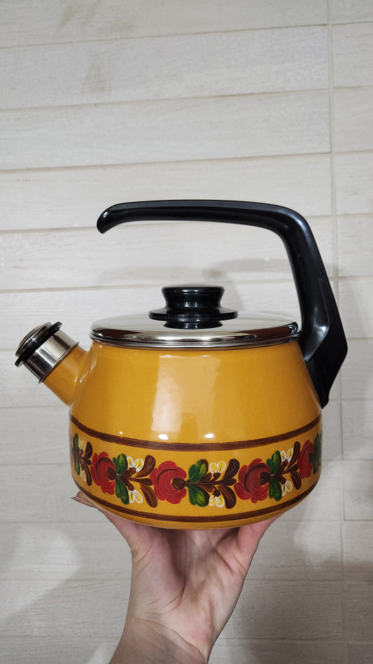 Braun-Kemmler Enamel Whistling Kettle - W. Germany - Rare Floral Retro