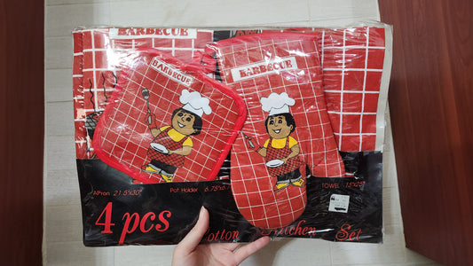 4-Pcs BBQ Kitchen Set - Apron, Mitt, Towel & Pot Holder
