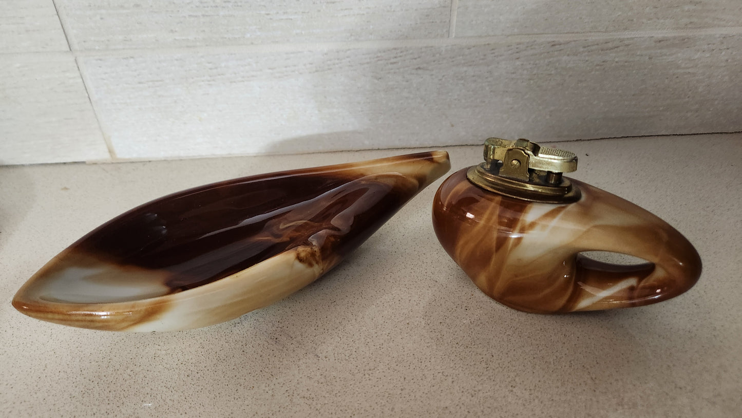 Vintage Japanese Ceramic Table Lighter & Ashtray Set
