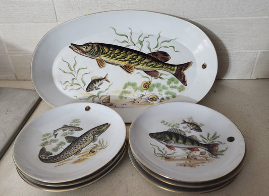 Vintage Naaman Porcelain Fish Serving Set - Platter & 6 Plates - in Original Box