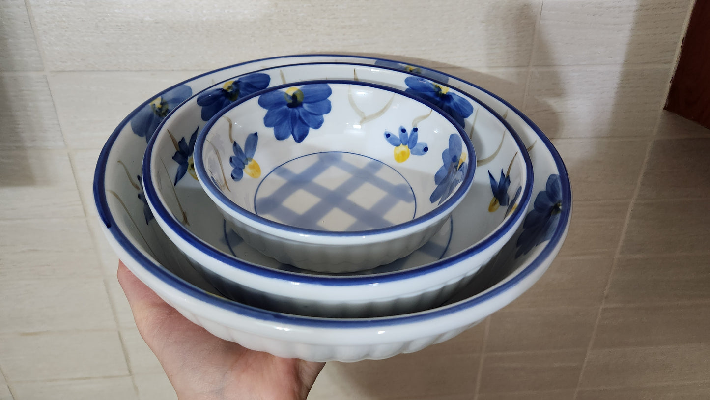 Set of 3 Blue Floral Ceramic Nesting Bowls - Home Collection