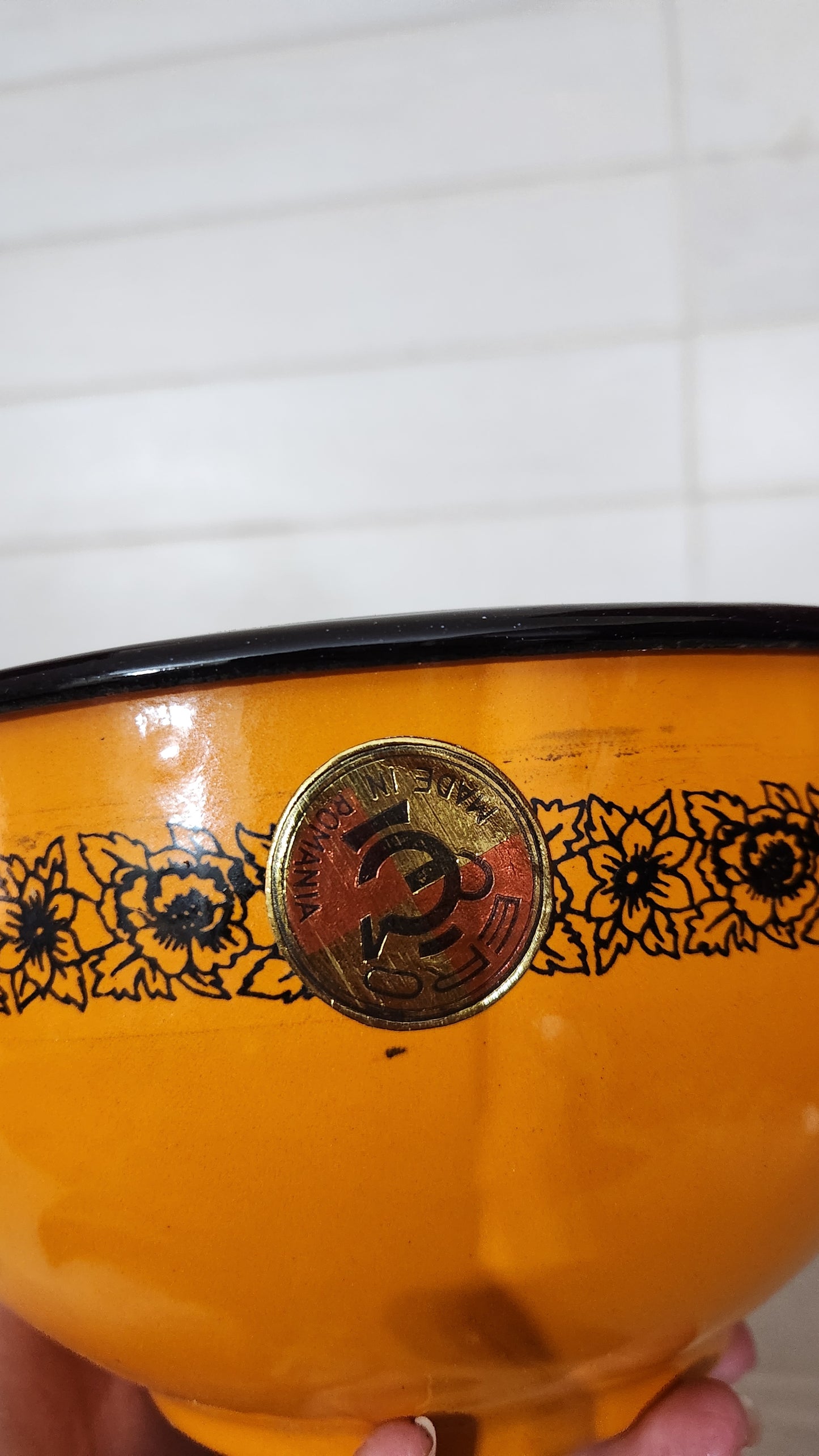 Set of 4 Romanian Enamelware Nesting Bowls - Orange & Black Floral