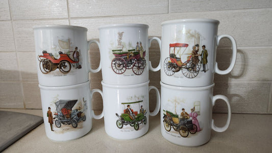 Set of 6 unused 1980s Naaman "Antique Cars" Coffee Mugs series