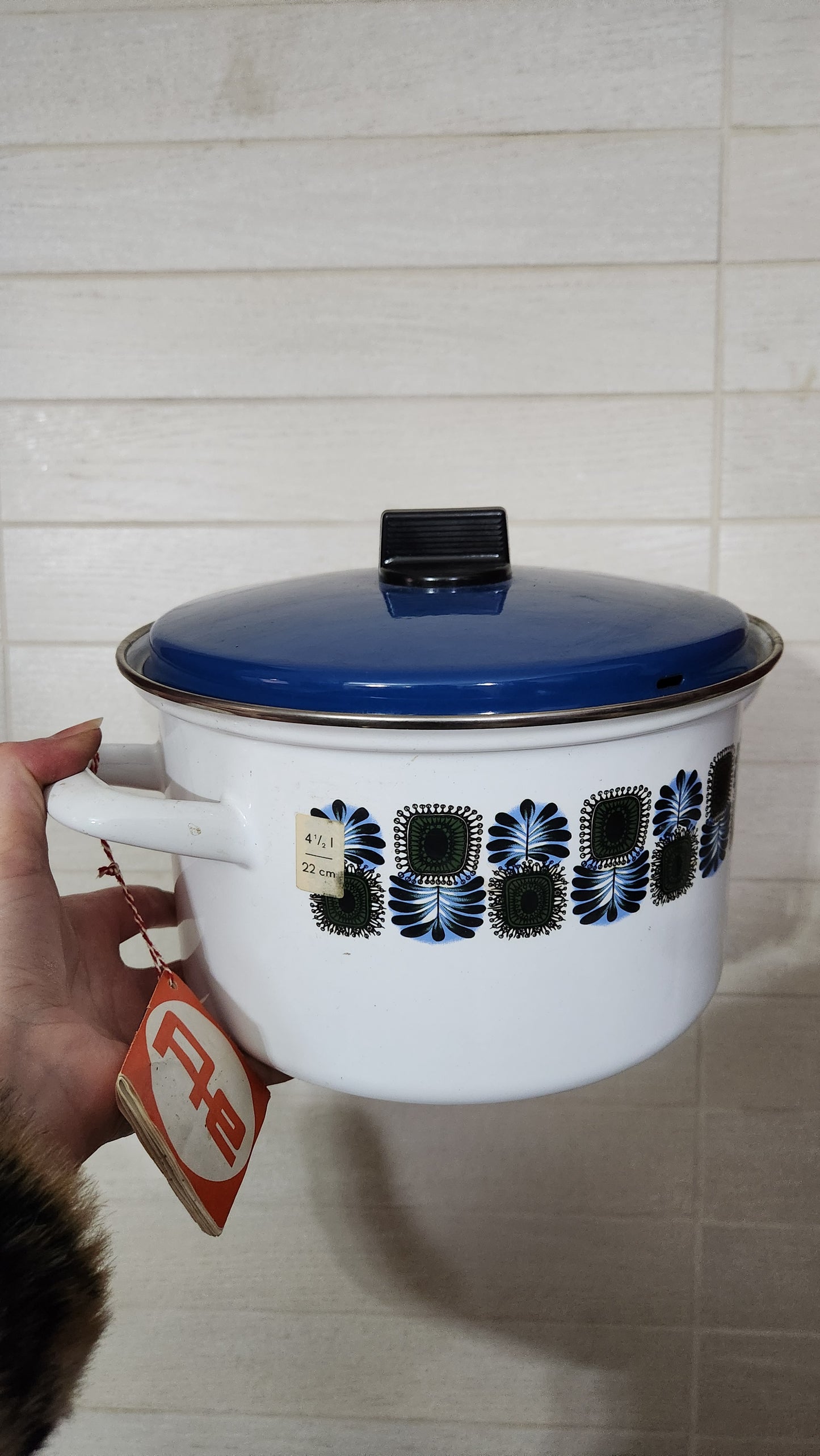 Unused Vintage Austria Email Pots - 2L & 4.5L - Mid-Century Pattern