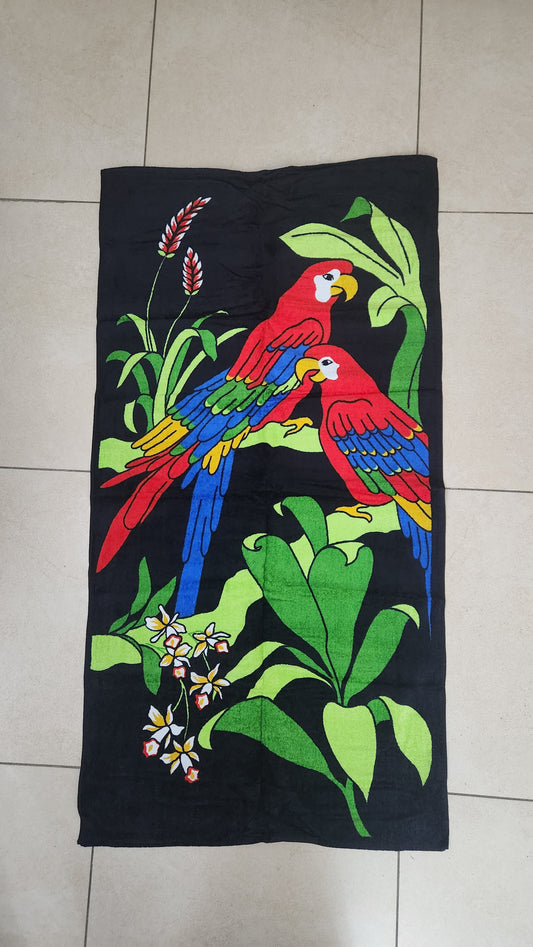 Vintage Tropical Macaw Parrots Beach Towel - Black - 75x150cm