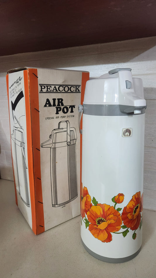Vintage 2.5L Peacock ARE-25 Air Pot Thermos - "Orange Poppy" Design - Made in Japan