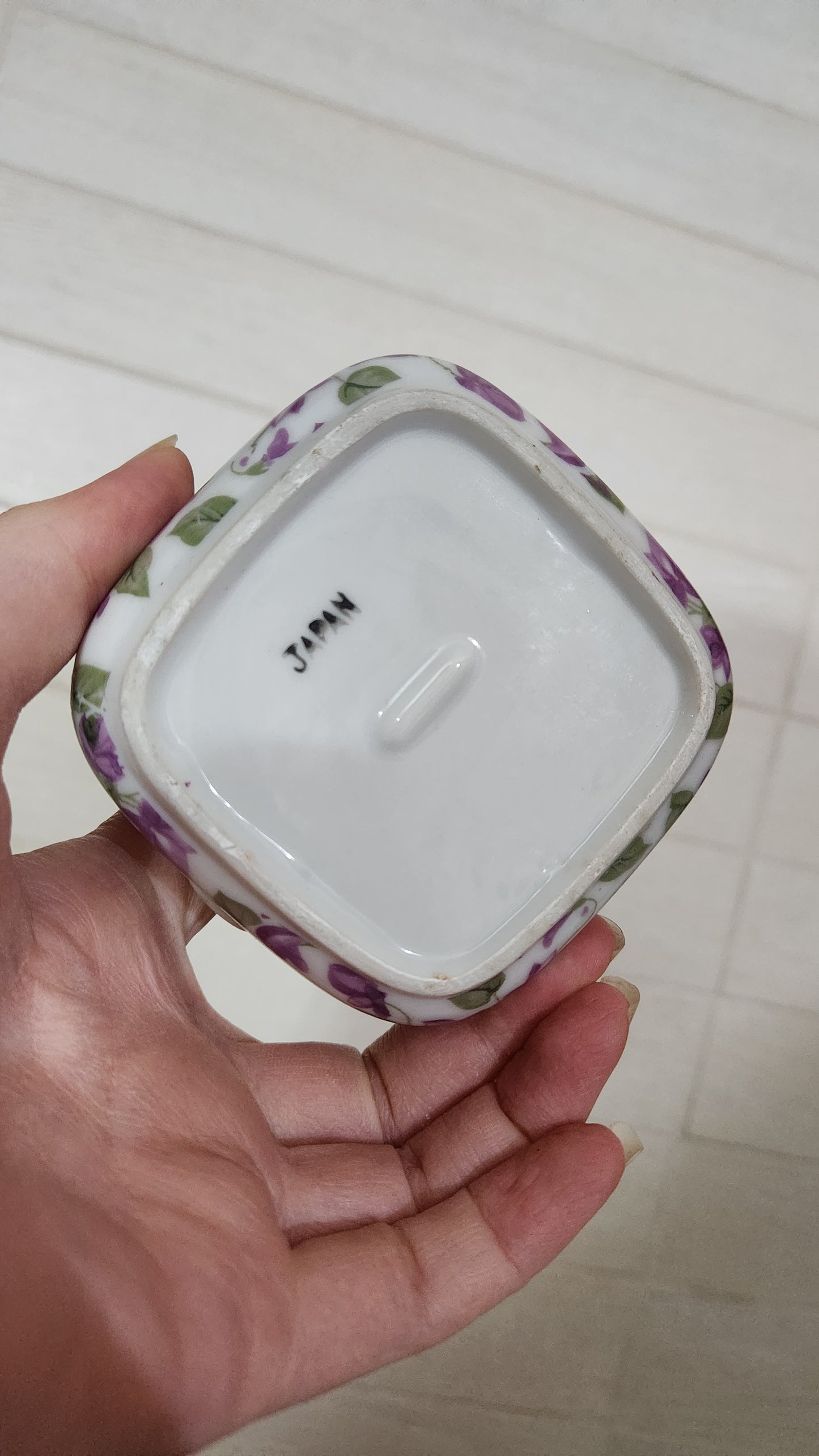 Japanese Porcelain Individual Ashtray Set with Holder - Purple Violets & Gold Trim