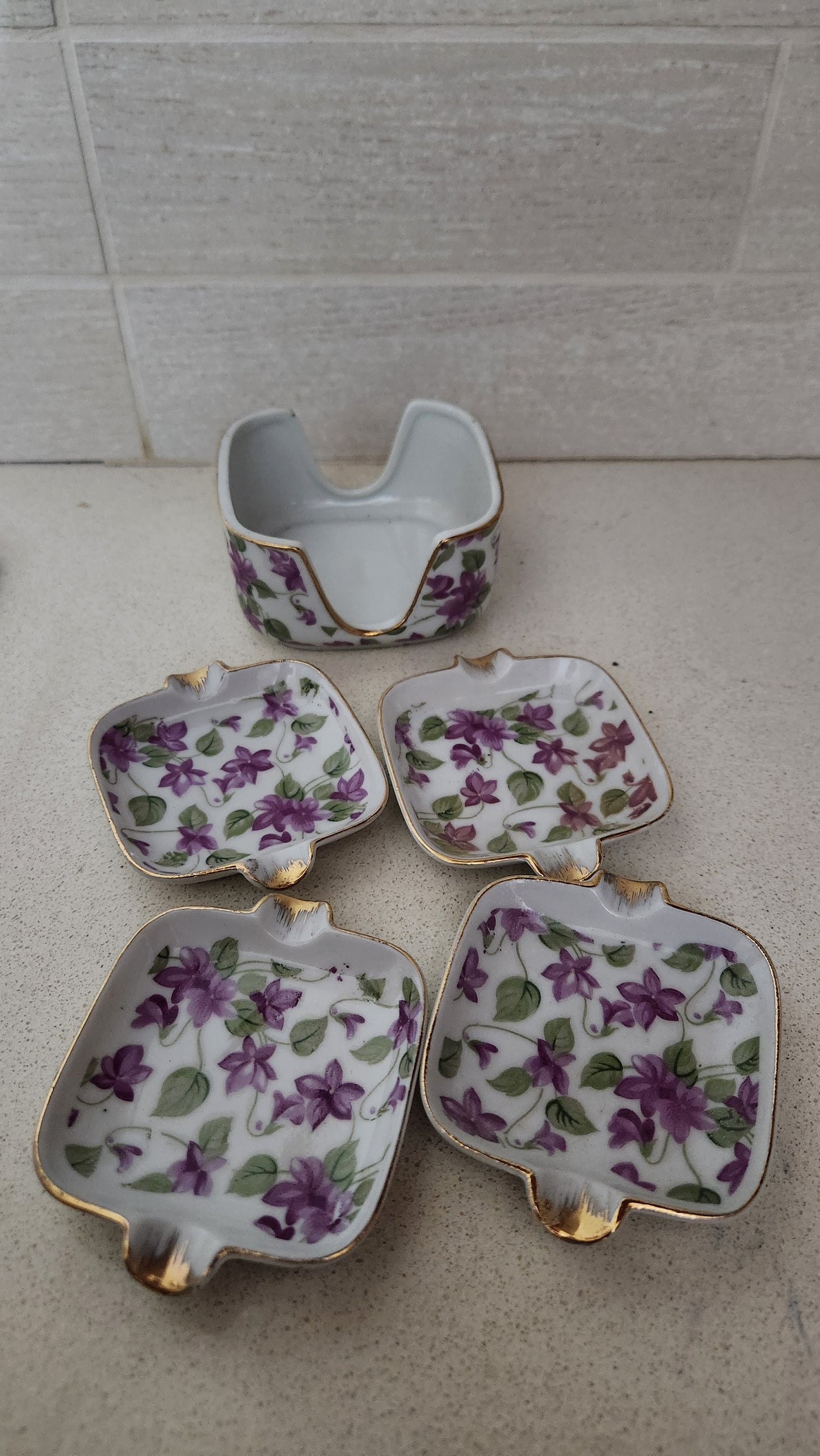 Japanese Porcelain Individual Ashtray Set with Holder - Purple Violets & Gold Trim
