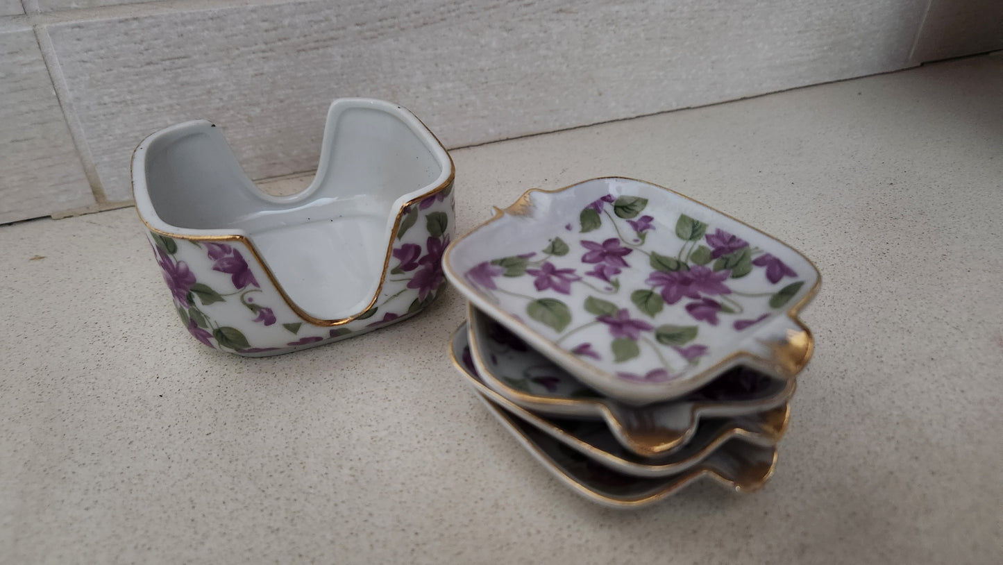 Japanese Porcelain Individual Ashtray Set with Holder - Purple Violets & Gold Trim