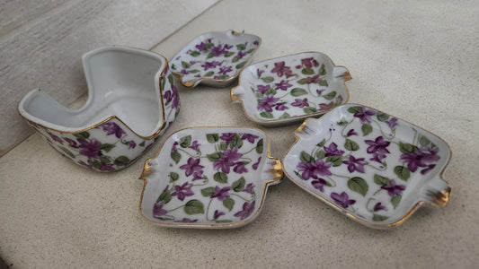 Japanese Porcelain Individual Ashtray Set with Holder - Purple Violets & Gold Trim