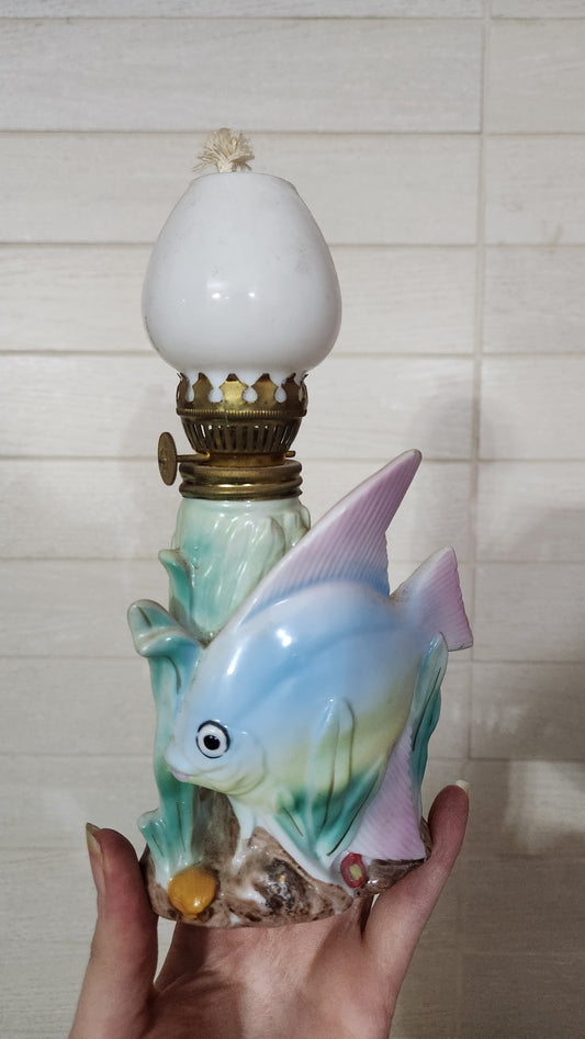 Vintage Japanese Porcelain Miniature Oil Lamp - Tropical Fish & Seaweed Design with Milk Glass Globe