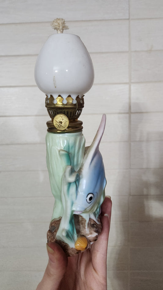 Vintage Japanese Porcelain Miniature Oil Lamp - Tropical Fish & Seaweed Design with Milk Glass Globe