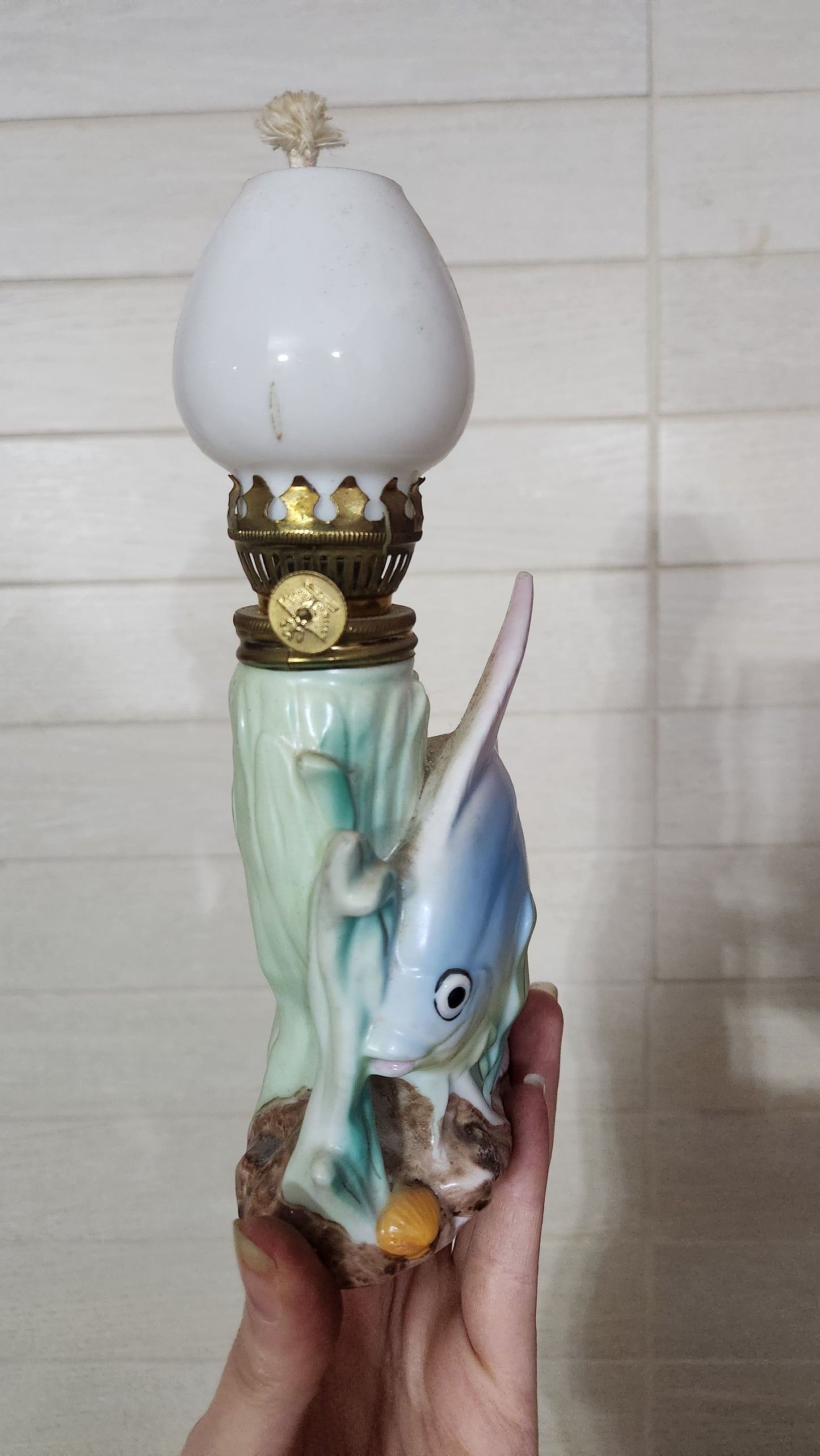 Vintage Japanese Porcelain Miniature Oil Lamp - Tropical Fish & Seaweed Design with Milk Glass Globe