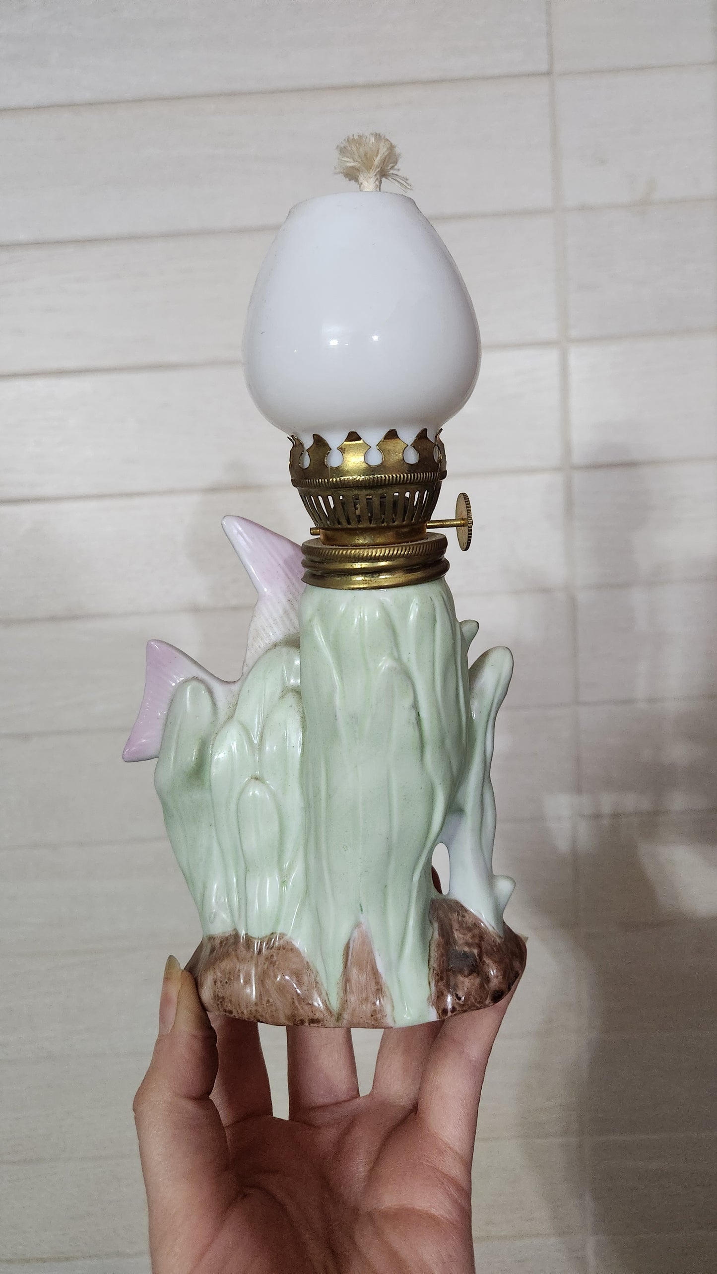 Vintage Japanese Porcelain Miniature Oil Lamp - Tropical Fish & Seaweed Design with Milk Glass Globe